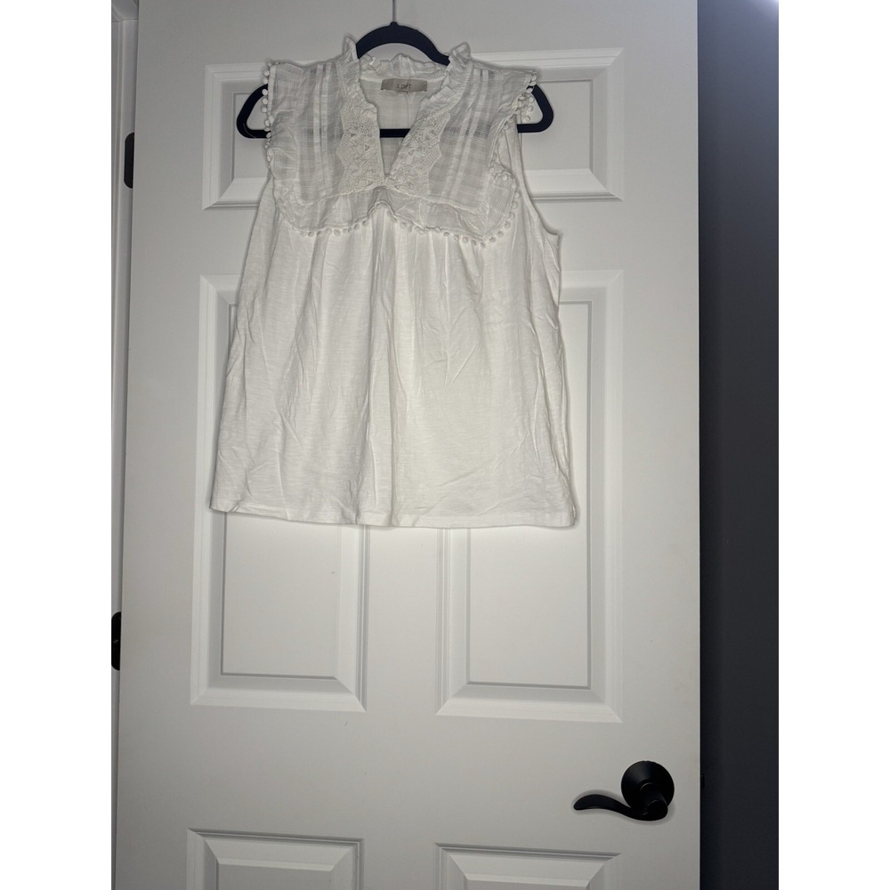 Loft Sleeveless Ruffle Pom Pom Shell Tank Top White Large Nwt